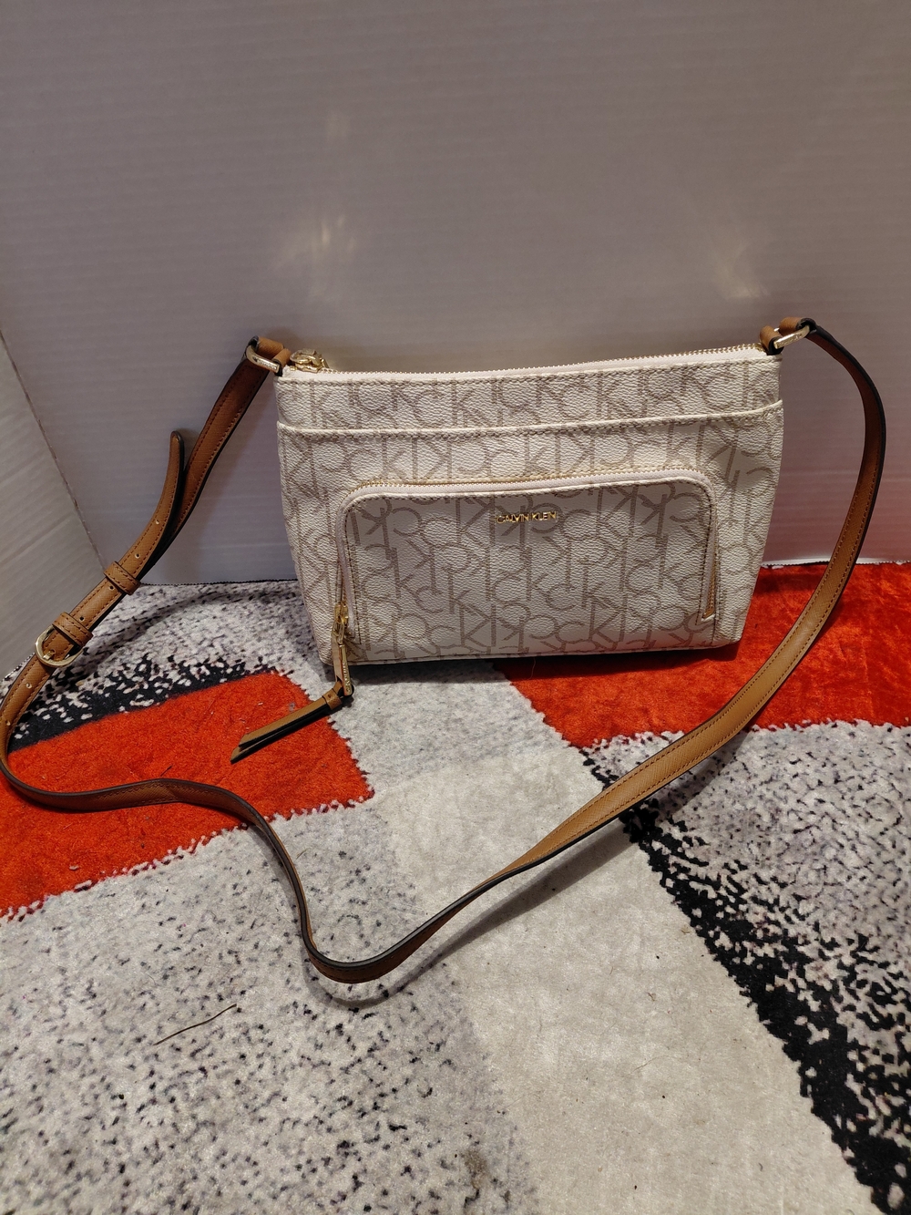 Calvin Klein White Logo Crossbody Bag with Tan Strap